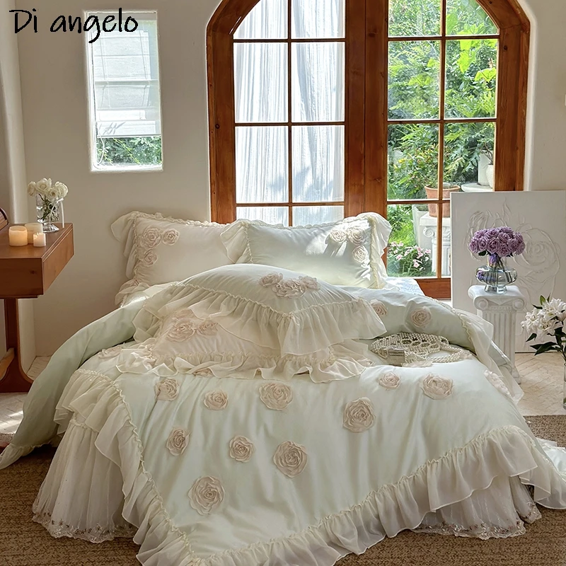 1400TC Egyptian Cotton 3D Rose Flower Bedding Set Luxury Embroidery Queen King Duvet Cover Bed Sheet Flat Sheet RU Europe #/