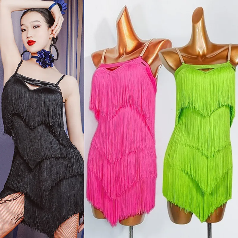 

special link fringe latin dress salsa samba cha cha dress black neon pink neon green 745B