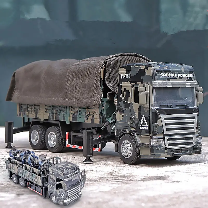 Alloy Tactical Truck Armored Car Model Diecast Military Personnel Carrier Transport Vehicle Model Sound and Light Toys Gift