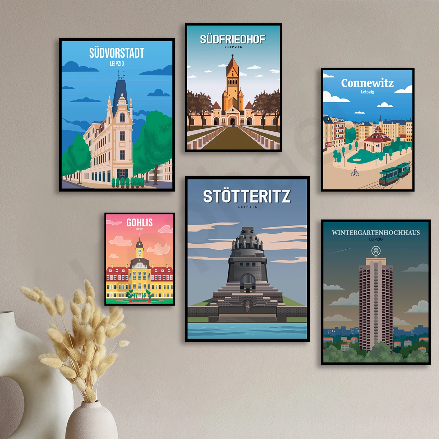 Leipzig. Stotlitz. Golis. Lindenau. White Magpie. Konnewitz. Corner House. Merken. Pragwitz. City Vintage Travel Scenery Poster