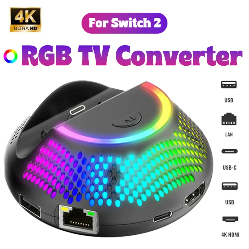 

Док-станция для телевизора 4K HDMI для коммутатора 2 с RGB-подсветкой и поддержкой 5 в 1 порта, ТВ-конвертер 60 Гц, мини-портативная охлаждающая подставка для NS2