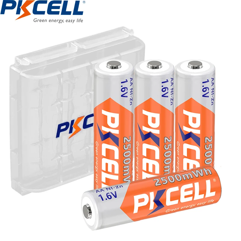 4PC PKCELL Ni-Zn AA Rechargeable Batteries 2500mWh 1.6V 2A  AA NIZN Battery camera toys batteries With 1PC AA Battery Holder Box