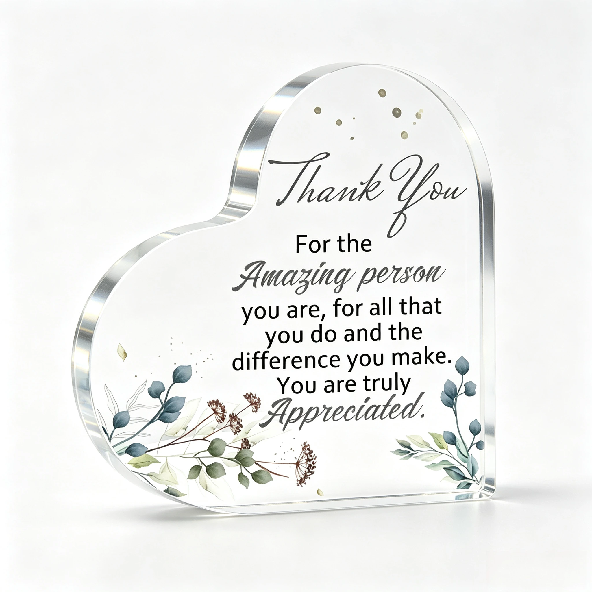 Thank You You Are Truly Appreciated Heart‑Shaped Acrylic Plaque Eucalyptus Leaf Desktop Decor