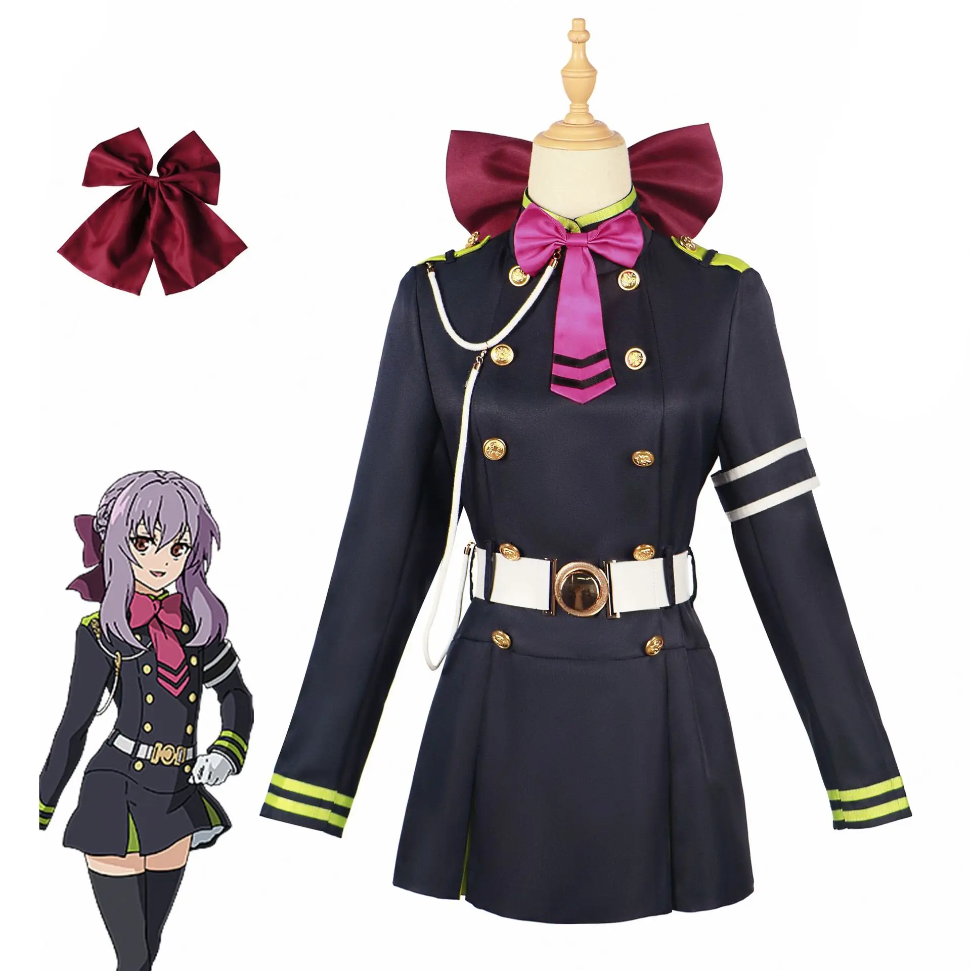 Anime Seraph of the End Owari no Serafu Hiiragi Shinoa Cosplay Costumes Halloween Party Black Fancy Skirt Military Uniform Suit