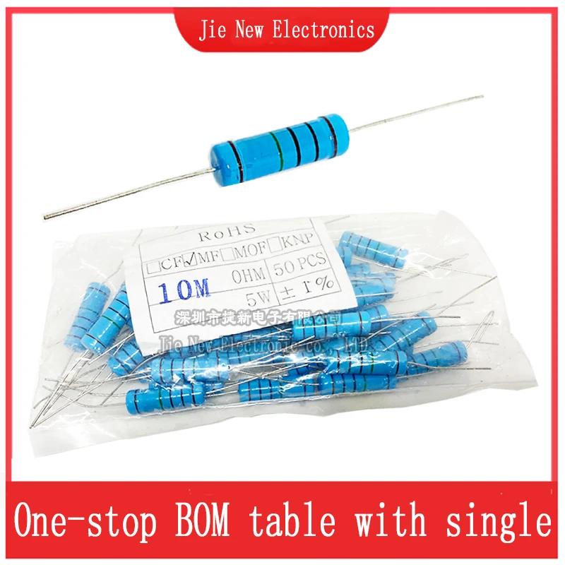 50Pcs 5W 1% 0R-10M 0.22R 2.7R 6.8R 10R 100R 1K 4.7K 10K   51K 100K  220K 1M  4.7M 10M Ohm Metal film resistor (1 bag of 50 PCS)