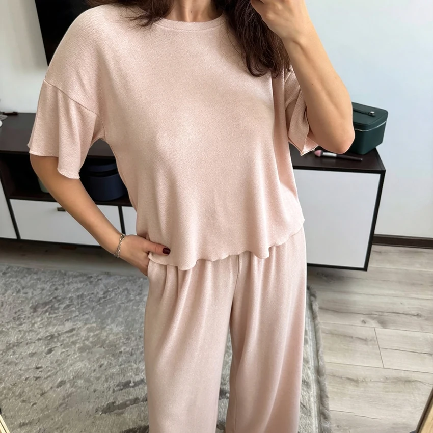 HiLoc Pink Casual Knitted Pajamas 3 Piece Set Long Sleeve V-Neck  Lace-Up Nightgown Short Sleeve O-Neck Top Elastic Waist pants