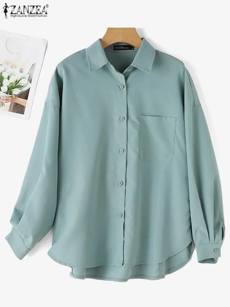 ZANZEA Casual Loose Korean Fashion Oversize Shirts Solid Color Long Sleeve Rounded Hem BF Style Blouses Women Button Up Camisas