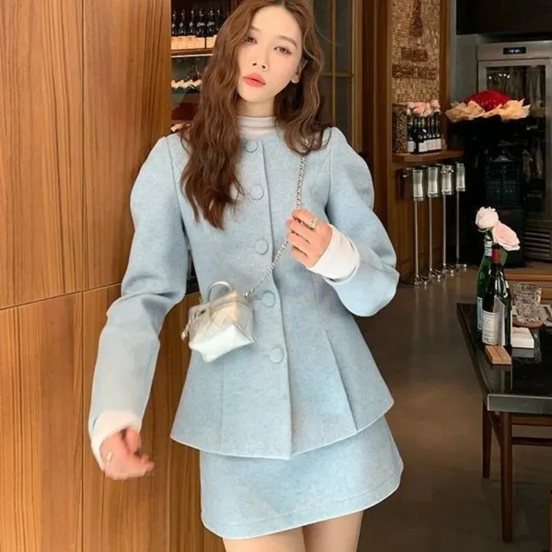 

Korean Temperament Tweed Coat Skirt Two Piece Set Women O-neck Puff Sleeve Single Breasted Gentle Solid Slim Winter Chic Suit