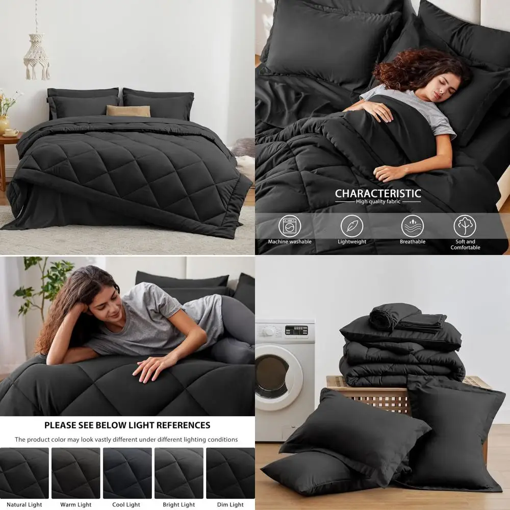 طقم مفروشات كينج كاليفورنيا باللون الأسود مكون من 7 قطع لجميع المواسم: لحاف، ملاءة مسطحة، ملاءة جاهزة، 2 كيس وسادة، 2 غطاء #1