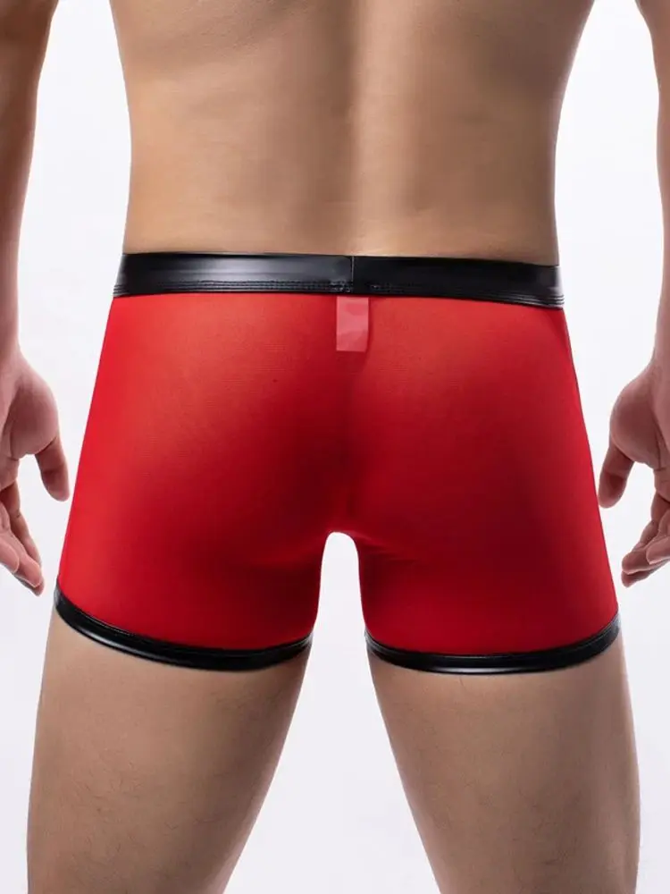 M-XXL Mesh Faux PU Leather Patchwork Convex Pouch Boxer Briefs Hollow Out Men Sexy Underwear Calzoncillo Boxershorts Trunks Ropa