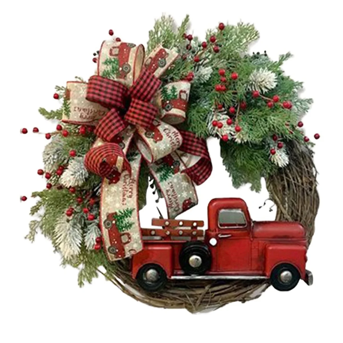 

Red Truck Christmas Wreath Wooden Vintage Christmas Wreath Hanging Decor, for Autumn Harvest Thanksgiving 1Pc