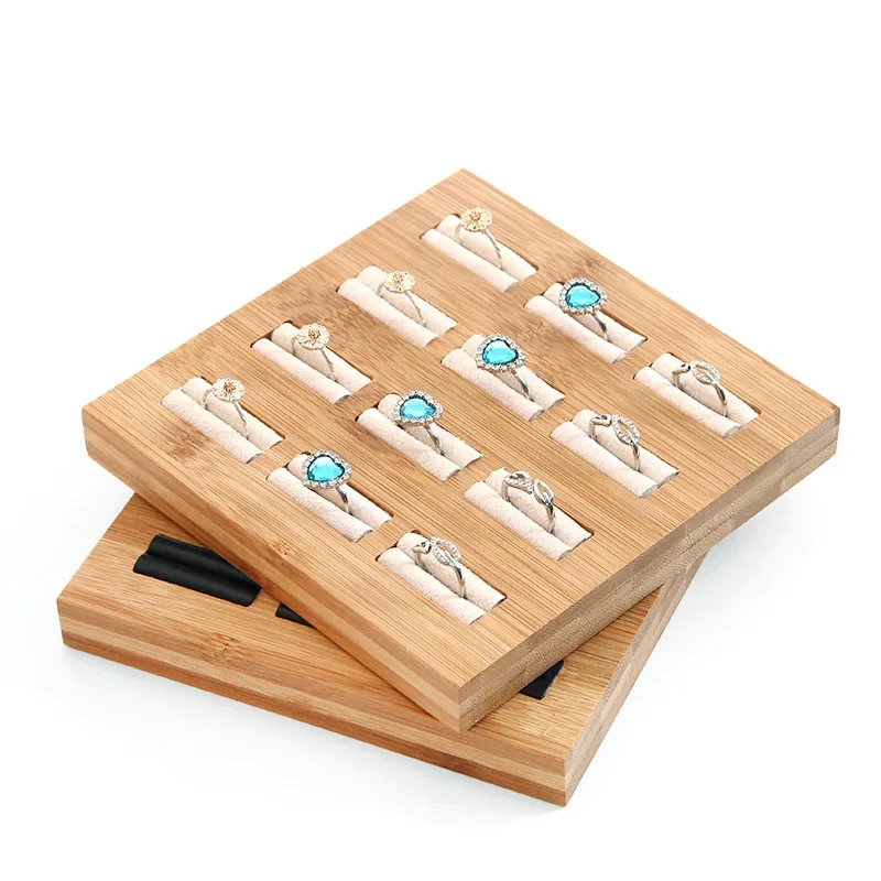 

Bamboo 12Grids Rings Display Tray Stand Holder Jewelry Ring Organizer Holder Showcase