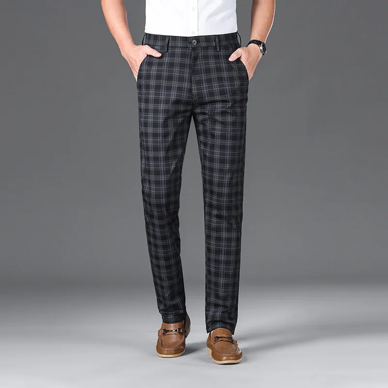 2026 Summer Men Classic Simple Checkered Straight Pants Casual Slim Fit Business Trousers Stretch Versatile Office Daily Wear
