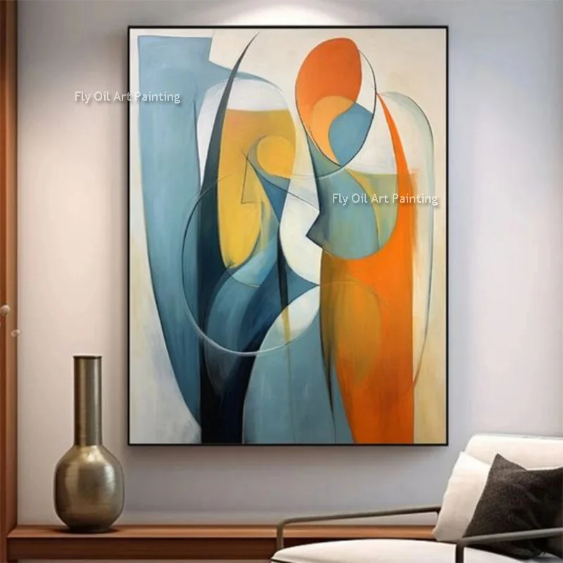 New Special Light Blue Orange Couple Hug Abstract Oil Painting Handmade Elegance Black Red Canvas Women Portrait Wall Art Decor