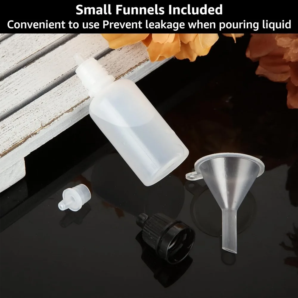 100 Stück 3-50ml Plastik-Tropfflaschen mit schwarzem Verschluss, leere, quetschbare Augenflüssigkeitsflaschen für Farbproben, ätherische Öle, mit Trichtern – Detail 4