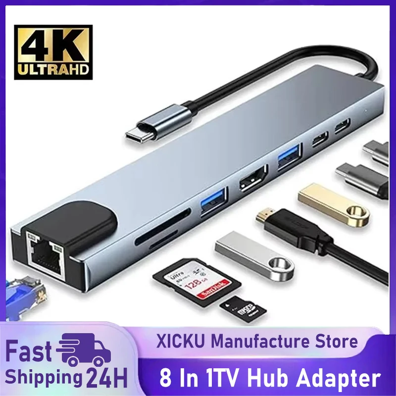 

USB-адаптер-концентратор 8 в 1 типа C 3 1–4k HdTV с устройством чтения карт памяти Sd Tf Rj45 Pd Fast Charge для ноутбука Macbook