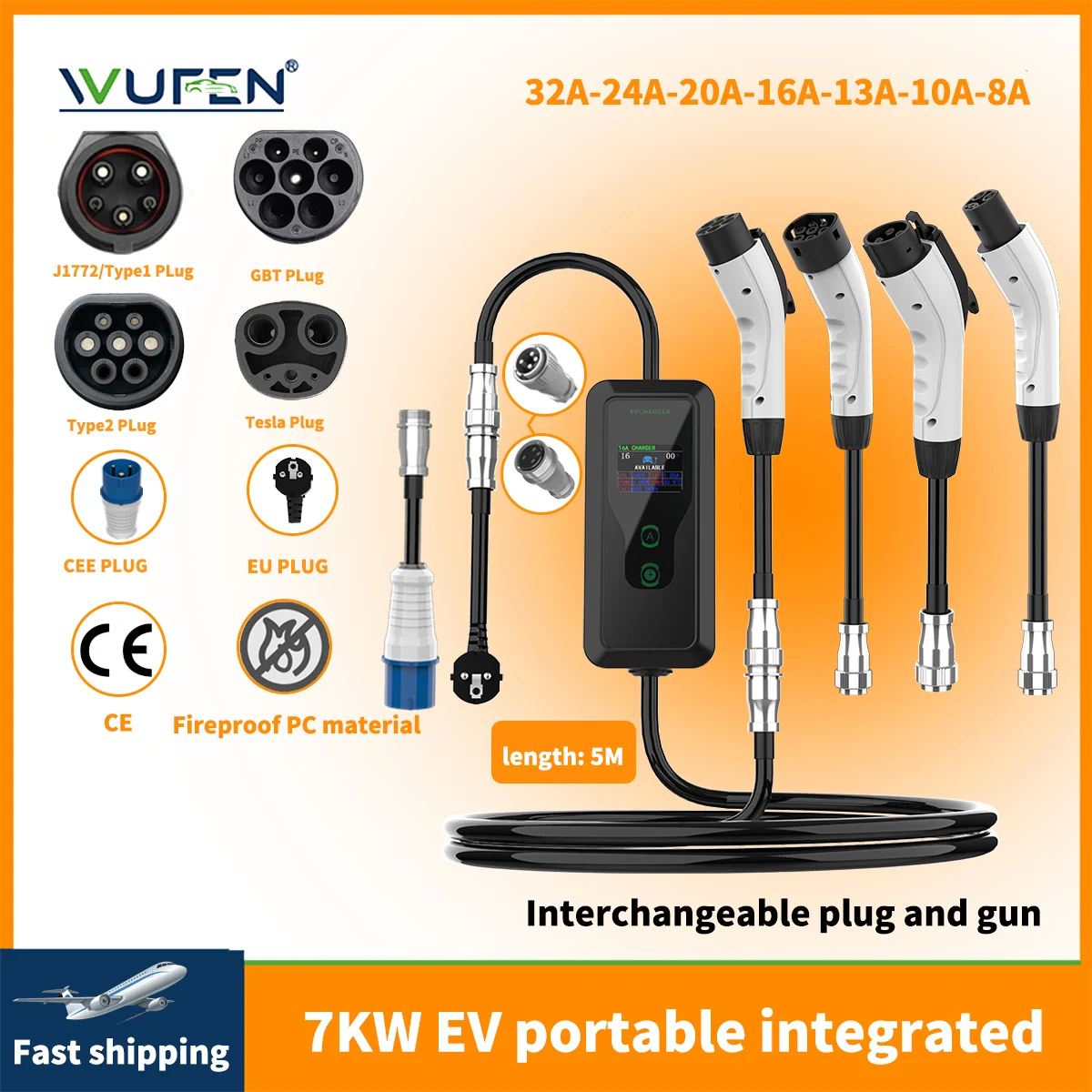 Интегрированное многофункциональное зарядное устройство WUFEN 7 кВт для замены вилки и пистолета Type2 GBT Tesla & Type1 EV Charger для всех стандартных автомобильных аксессуаров Major