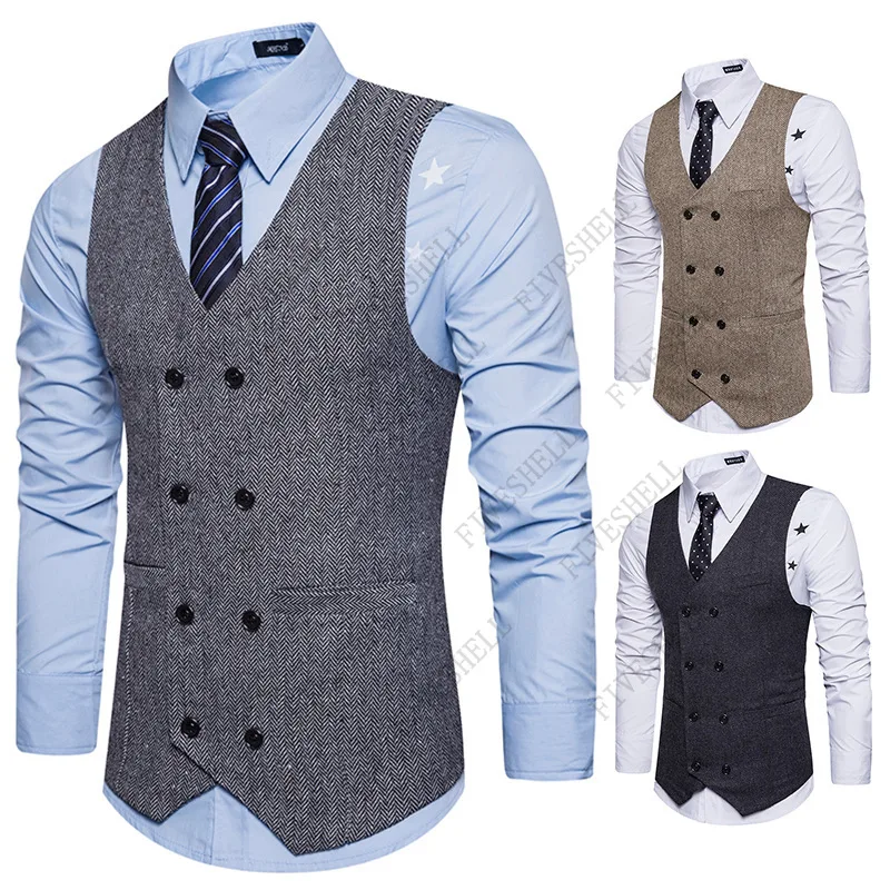 Mens Vest Slim Fit Sleeveless Wool Tweed Waistcoat Men Double Breasted Herringbone Tweed Vest Men Business Casual Gilet Men XXL