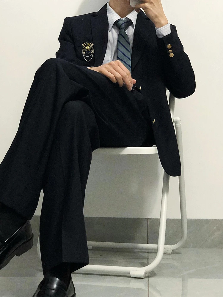 

Casual Black Men's Suit Pants Set with Badge Student Uniform Korean Style Four Seasons Suitable Pure Color Jacket Coat