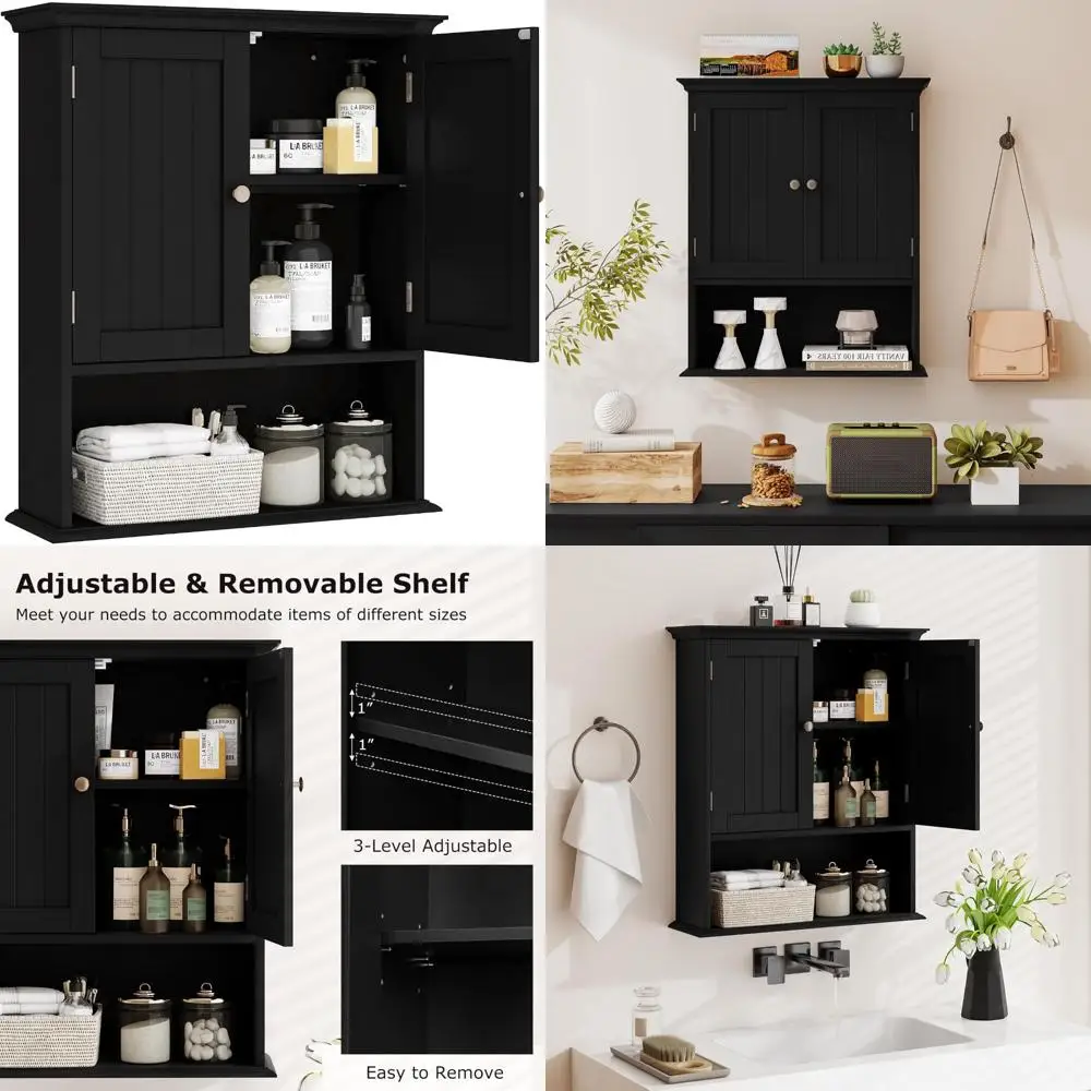 خزانة تخزين الحمام المثبتة على الحائط بباب مزدوج مع رفوف قابلة للتعديل للاستخدام متعدد الأغراض