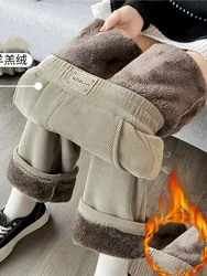 Inverno quente engrossar lã de cordeiro calças retas femininas casual elástico cintura alta velo forrado perna larga pantalones chique baggy calca