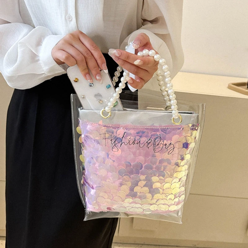 PVC Transparent Laser Tote Bags with Pearl Top Handle for Women 2024 Trend Sparkly Sequins Bucket Bags Shoulder Messenger Purse