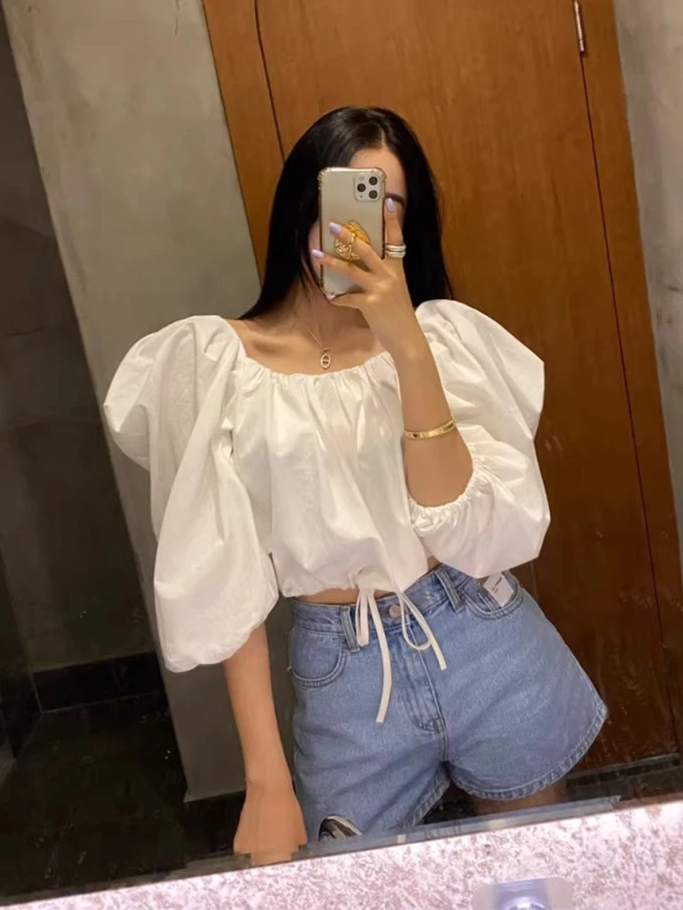 

Gagarich Square Neck Two Drawstring Short Sleeved Shirt Women Summer New Style French Temperament Waist Cinching Versatile Top