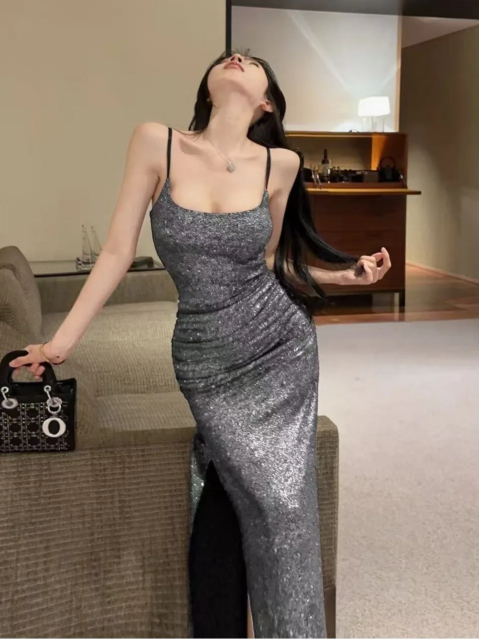 Sexy Low Cut Glowing Fabric Long Split Night Club Store Flashing Material Tight Strapless Base Layer Dress for Women