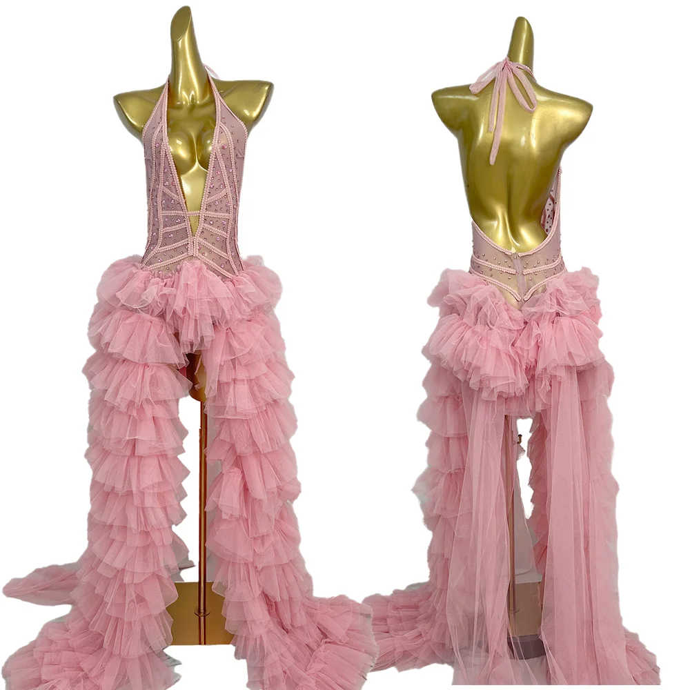 セクシーなピンクのラインストーンフリル付き誕生日イブニングバンケットロングドレス、女性用ホローアウトボールガウン、バックレスプロムパーティーディナードレス