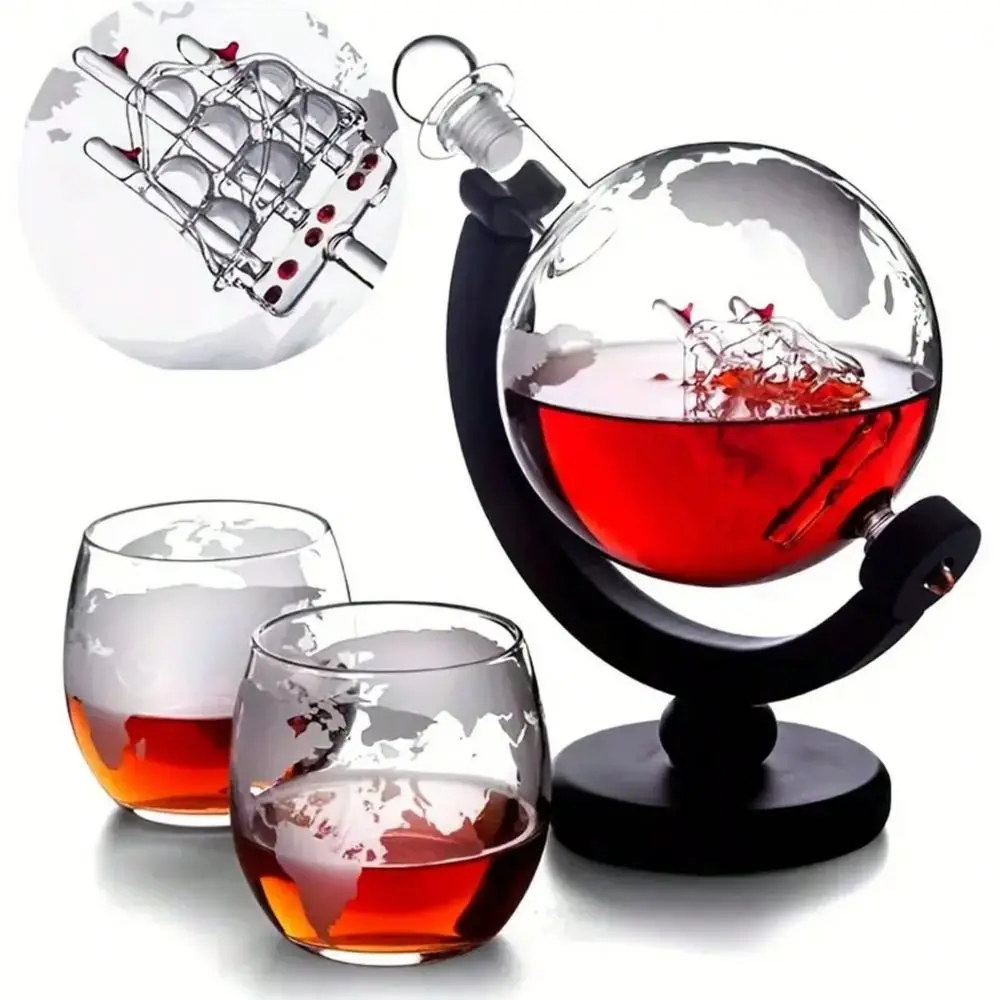1 Set, Globe Wake-Up Set, With 2 Cups And 1 Wooden Frame, Whiskey, Vodka - Luxury Wine Accessories, Perfect Gift For Men And Wo
