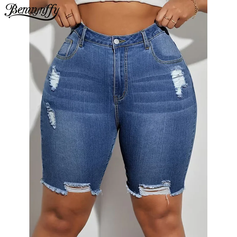 

Benuynffy Plus Size Raw Hem Ripped Skinny Jeans Shorts Women Summer 2026 Streetwear High Waist Slim Washed Denim Half Pants