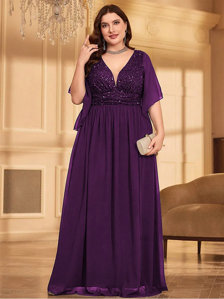 Plus Size Chiffon V-Neck Sequined Bridesmaid Evening Dress 4xl5xl Big Size Wedding Banquet Luxury Floor-Length Evening Dress