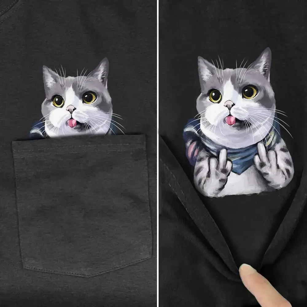 CLOOCL American Shorthair Cats T-shirts Double Middle Finger Pocket Cotton T-shirt Summer Short Sleeve Shirts Men Clothing