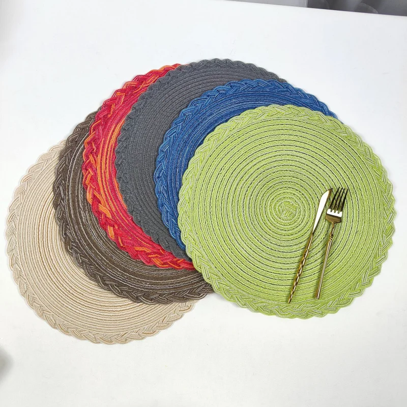 Wholesale Imitation Cotton Yarn Twist Braid round Placemat Cross-Border Restaurant Hand-Woven Heat Proof MatinsWind Coffee Cup M