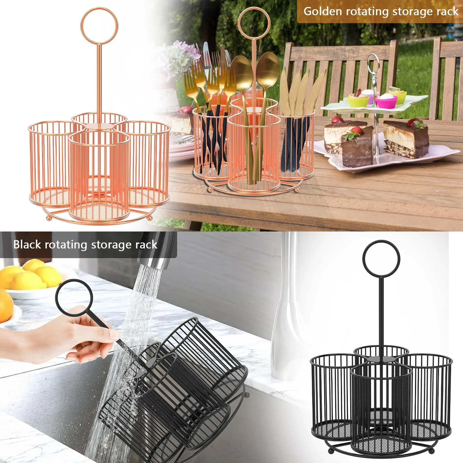 360° Rotating Cutlery Drain Racks Metal Multifunctional Chopstick Spoon Storage Holder With 3/4 Compartment for Kitchen Tools