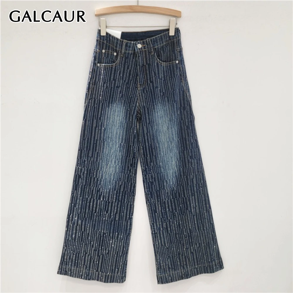

GALCAUR однотонные джинсы с бриллиантами, женские свободные уличные брюки с высокой талией, женские широкие брюки, летний стиль, модная новинка