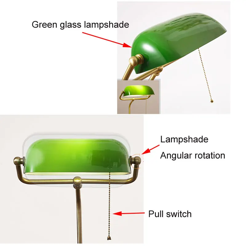 Imagem -06 - Americano Retro Desk Lamp Sala de Estar Estudo Quarto Cabeceira Lâmpada de Vidro Verde Antigo Europeu Candeeiro de Mesa de Banco de Madeira