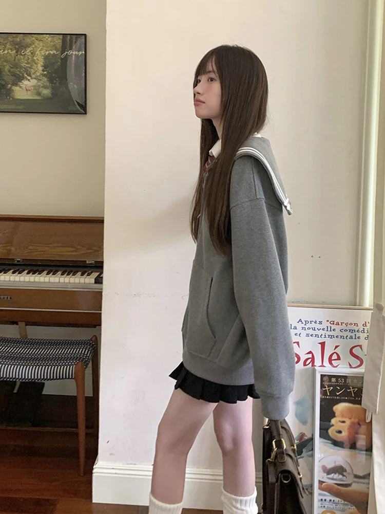 Gray Navy Neck Sweatshirt Jacket Women's College Style Loose Long Sleeve Sailor Suit Cardigan Spring and Autumn JK Jacket