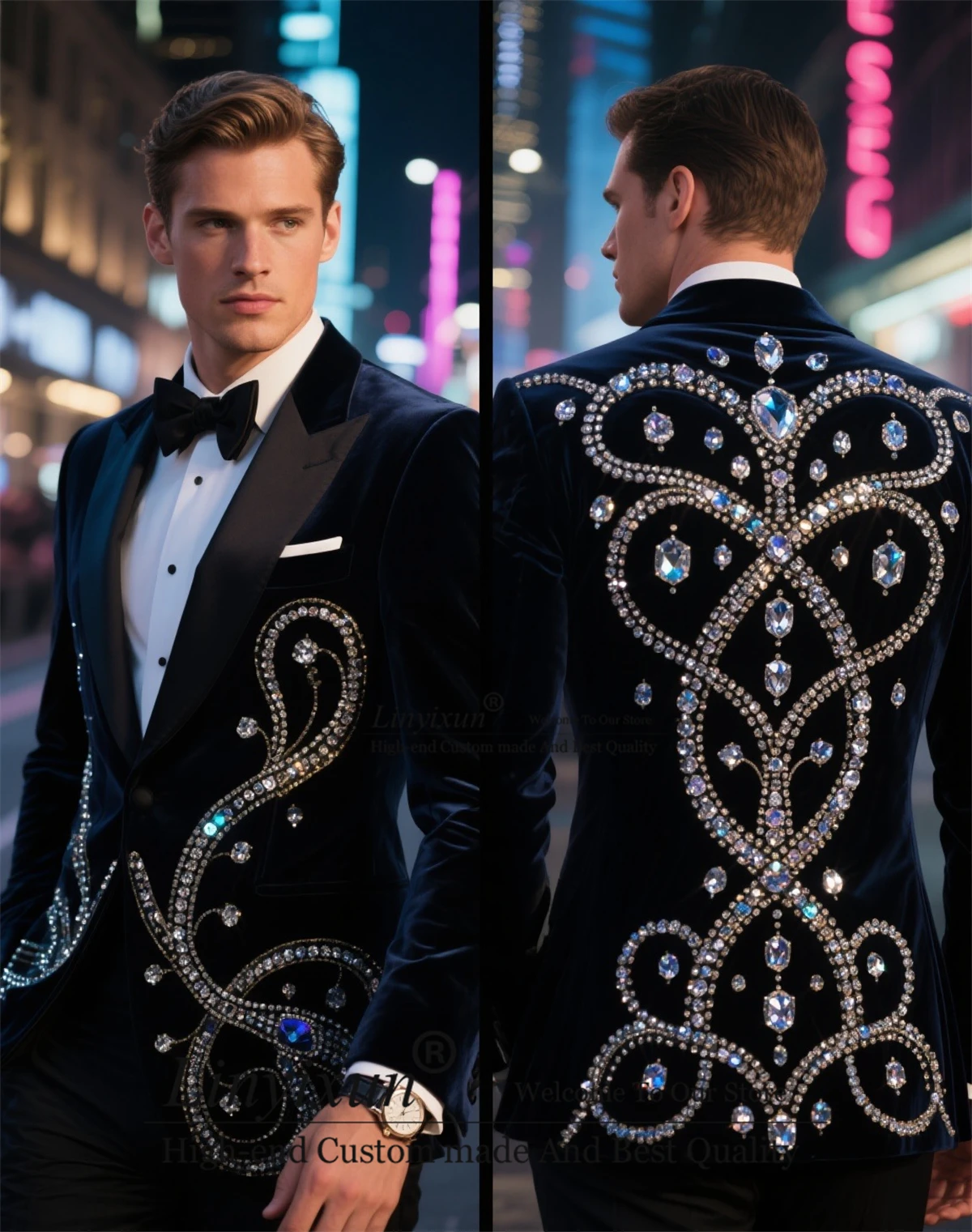 Sparkly Jewelry Crystals Men Suit Velvet Wedding Party 2 Pieces Sets Customized Peake Lapel Groom Male Prom Blazers ropa hombre
