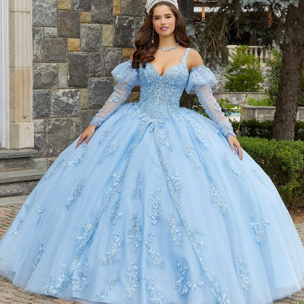 

EVLAST Customized Blue Quinceanera Dress Appliques Floral Lace Beaded Pouf Long Sleeve Corset Sweet 16 Vestidos De XV Año TQD114