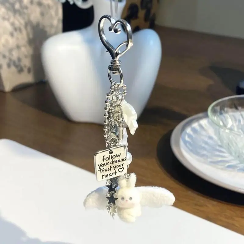 Niedlicher Engel-Häschen-Schlüsselanhänger, weicher Plüsch-Anhänger mit Schleife und Sternen-Charms, perfekt als tägliches Geschenk für Mädchen, Rucksack-Deko. – Detail 4