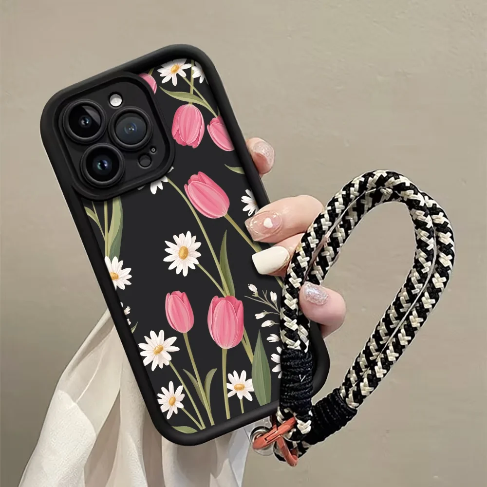 Tulip Daisy Strap Rope Handyhülle für iPhone 12 13 14 15 16 17 ProMax 15 14 13 Pro Plus 16 17 E Stoßfeste Matte Silikonhülle – Detail 1
