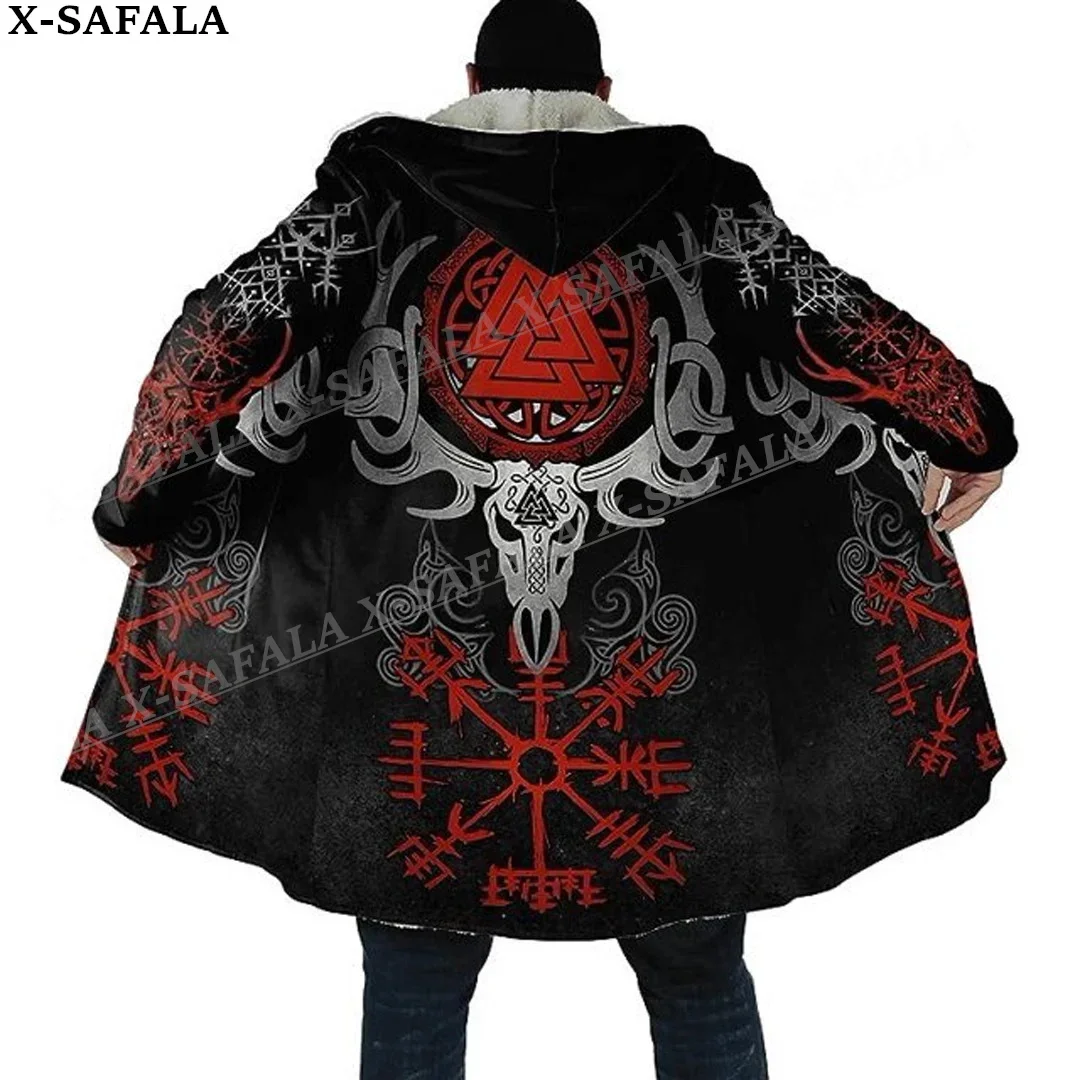 Norse Mythology Vegvisir Viking Symbol Thick Warm Hooded Cloak Men Overcoat Coat Windproof Fleece Cape Robe Hooded Blanket-17