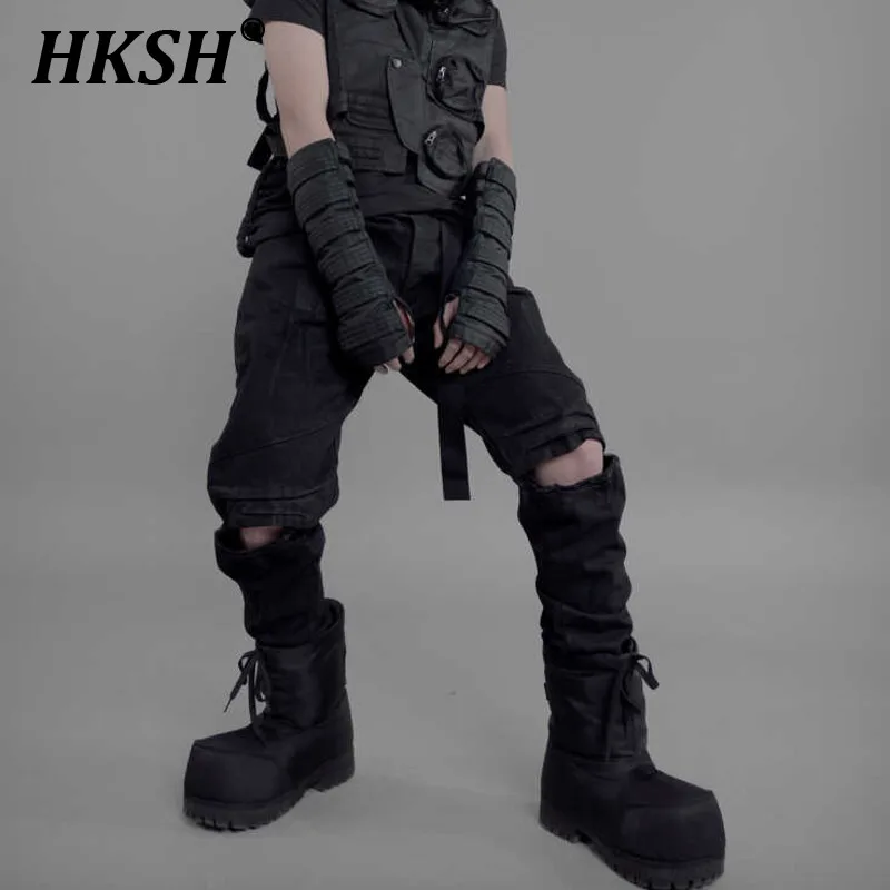 

HKSH Spring New Men's Dark Pioneer Waste Land Pants Chic Waxed Washing Vintage Black Casual Punk Cotton Gothic Trousers HK1482