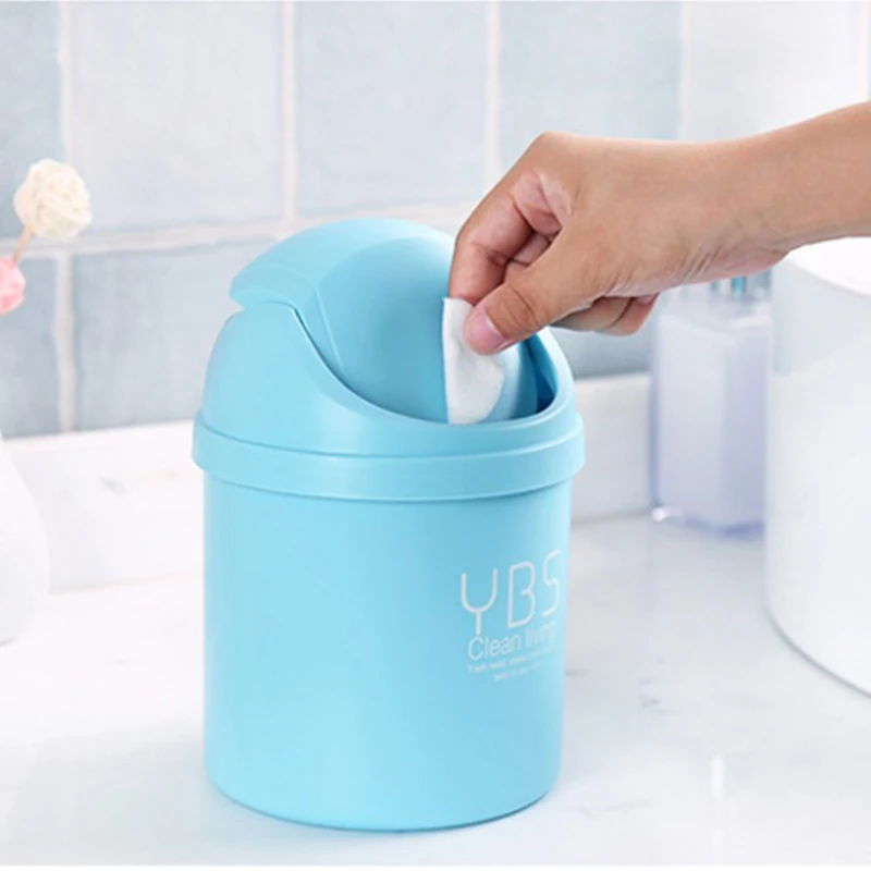 Desktop Mini Plastic Waste Garbage Can with Lid, Stylish Countertop Trash Bin Table Waste Paper Basket Round Small Trash