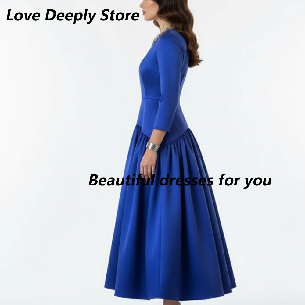 Blue Suit Evening Dress Customized V-Neck Long Sleeves Satin A Line Evening Gowns Tea Length Ball Dress Formal Party Dresses