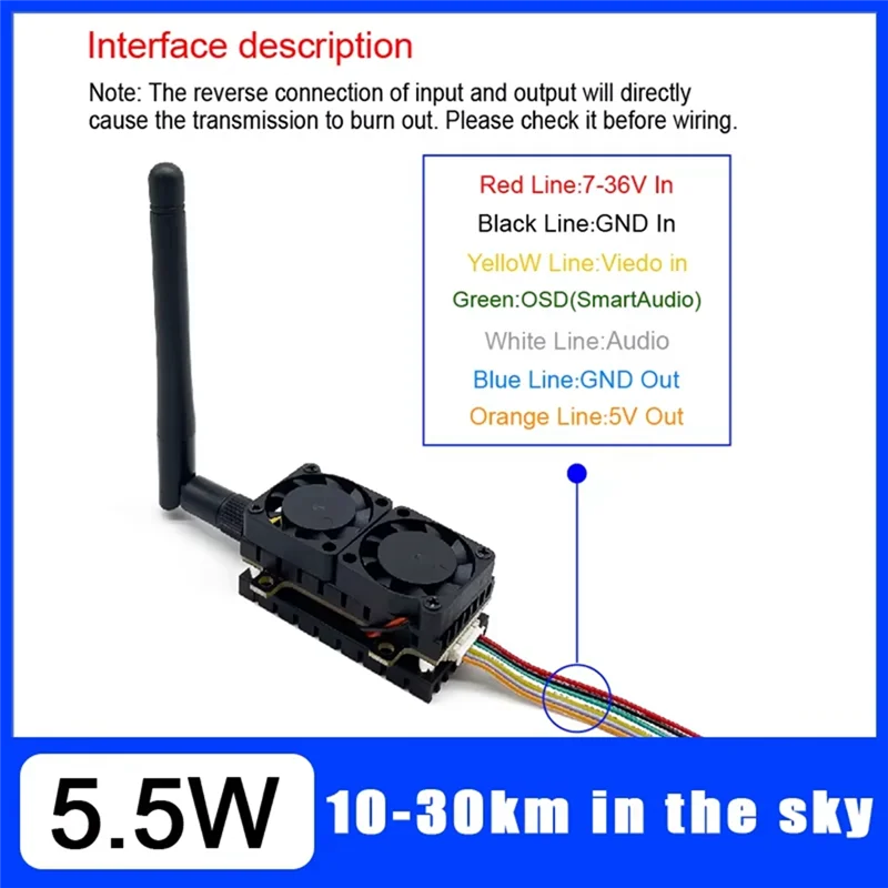 ABSQ-5.8Ghz 5.5W جهاز إرسال الفيديو VTX 48CH 200Mw/500Mw 1000Mw/5500Mw قاذفة الطاقة القابلة للتعديل لطائرة سباق FPV طويلة المدى بدون طيار