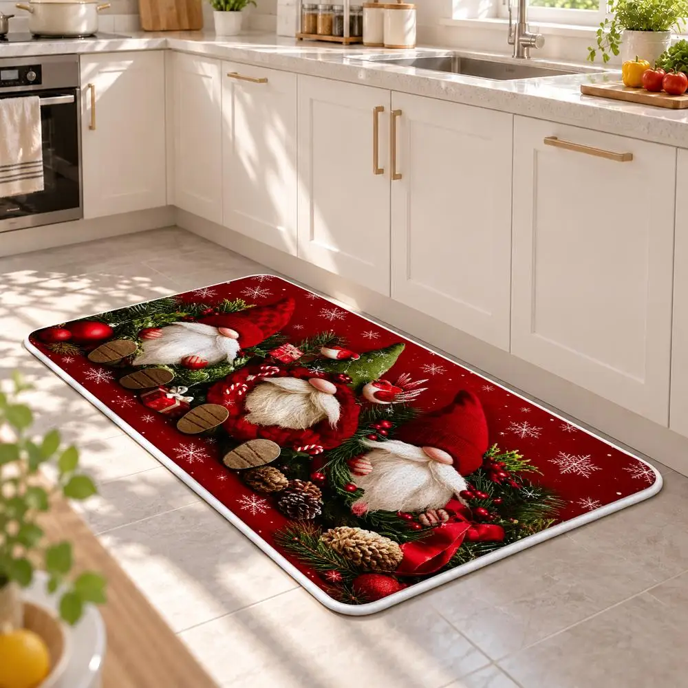 Christmas Santa Gnome Winter Scenes Floor Mat Flannel Rug Soft Non Slip Washable Door Mat For Bathroom Bedroom Home Decor