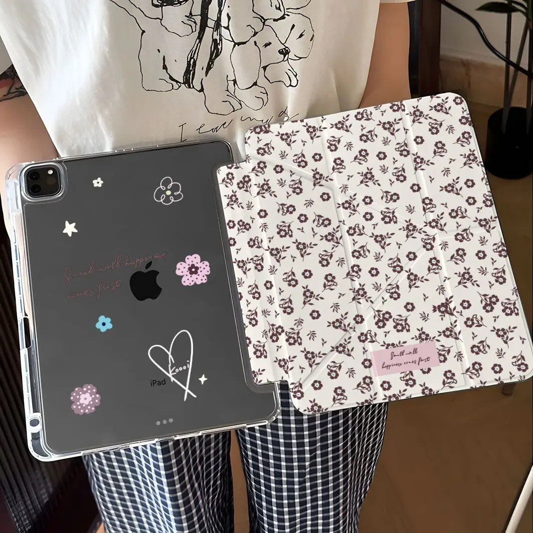 Korean Pink Brown Floral  Y2K Cover For iPad Pro 13 11th M5 M4 12.9 A16 10 8 7 9th 10th For Ipad Air 11 M2 M3 Mini Tablet Case