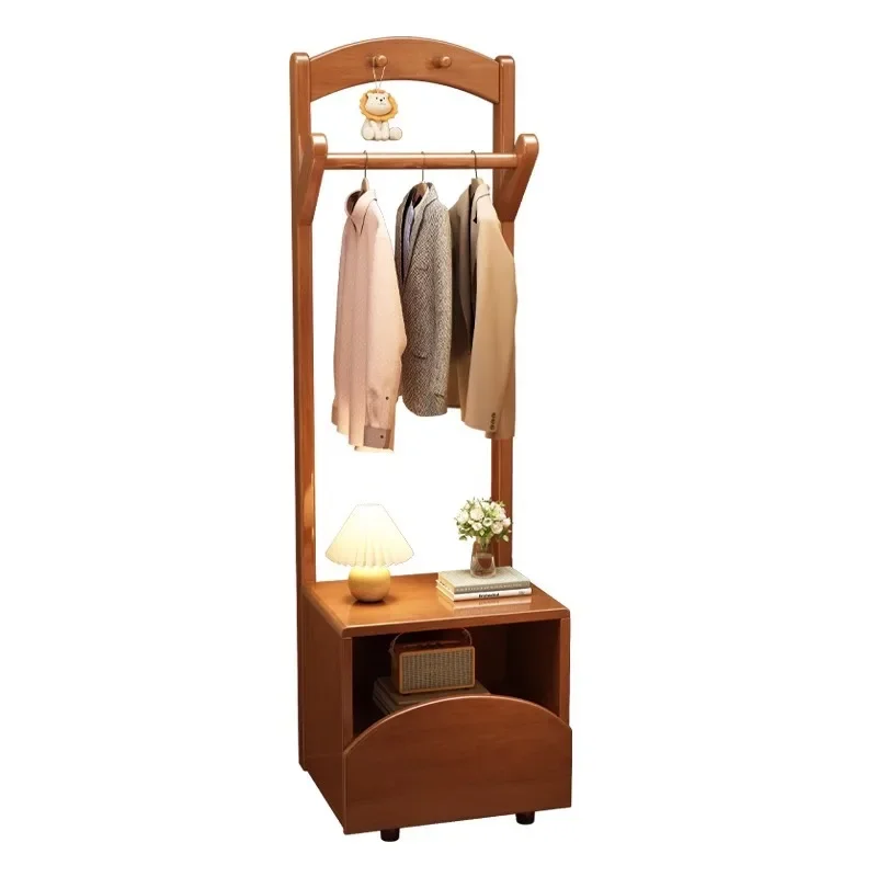 All solid wood coat rack bedside table integrated shelf floor-to-ceiling bedroom household hanger bedside clothes storage rack